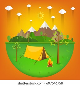  summer landscape. Morning landscape in the mountains. Solitude in nature by the river. Weekend in the tent. Hiking and camping. Vector flat illustration