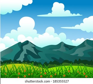 Summer Landscape With Mountain, Beautiful Grass, Forest and Great Sky