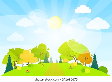 summer landscape mountain forest road blue cloud sky with sun green grass and tree woods flat design vector illustration