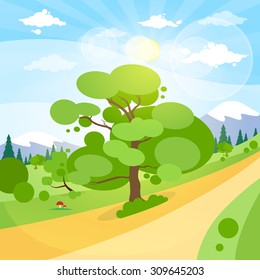 Paisaje De Verano Mountain Forest Road Cielo De Nubes Azules Con Hierba Verde Del Sol Y Árbol Bosques Ilustración vectorial De Diseño Plano