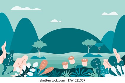 Summer Landscape Mountain Forest Sky Woods Flat Vector Illustration