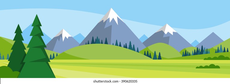 Summer Landscape Mountain Forest Sky Woods Flat Vector Illustration