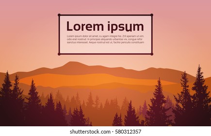 Summer Landscape Mountain Forest Sky Woods Flat Vector Illustration