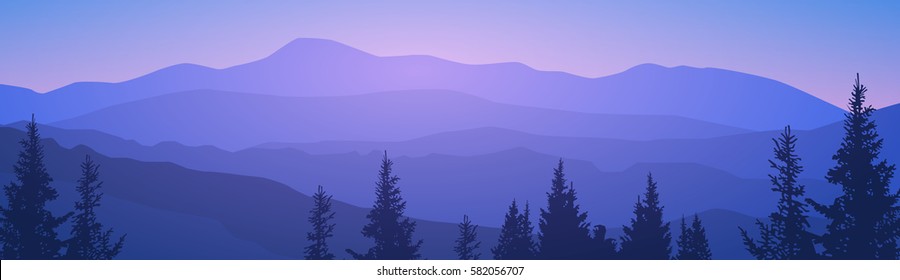 Summer Landscape Mountain Forest Sky Woods Flat Vector Illustration