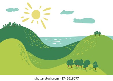 Summer Landscape Mountain Forest Sun Sea Green Grass Tree Woods Sketch Simple Line Child Hand Drawing Vector Illustration. Hand drawing