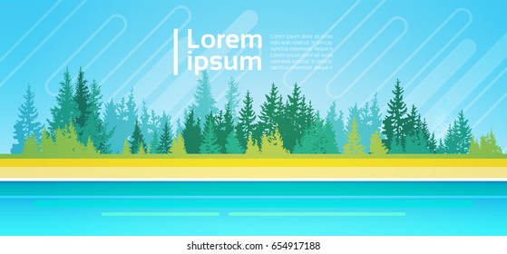 Summer Landscape Mountain Forest Trees On River Bank Sky Woods Sand Flat Vector Illustration