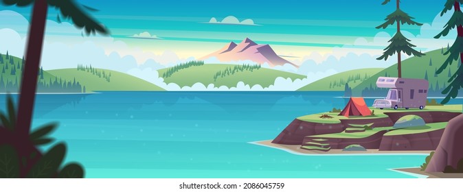 Summer Landscape With Mountain Lake View And Camping.