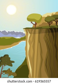 Summer landscape. Mountain slope. Scorching sun. The mountain river. Vector background