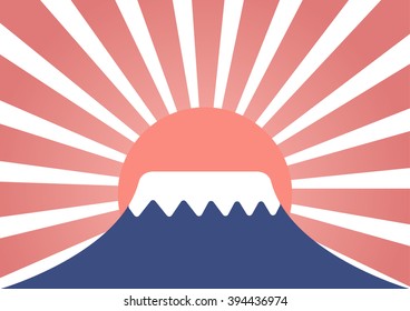Summer Landscape of mountain with snow like mt-fuji and sun rays of japan flag in background . Vector illustration flat design. 