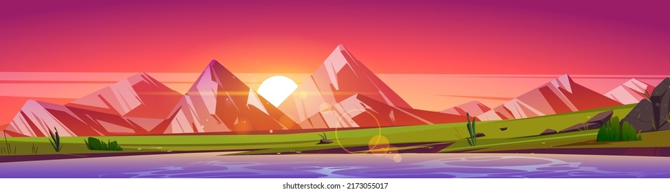 Sommerlandschaft im Bergtal mit See oder Fluss bei Sonnenuntergang. Vektorcartoon-Illustration von Panoramatlandschaften mit Felsen, Teich, grünem Gras und Sonne am roten Himmel am Horizont