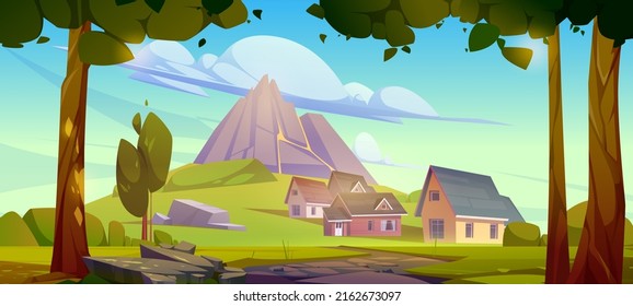Summer landscape with mountain, village houses and trees. Vector cartoon illustration of country scene of green valley with cottages on foothills of sleeping volcano