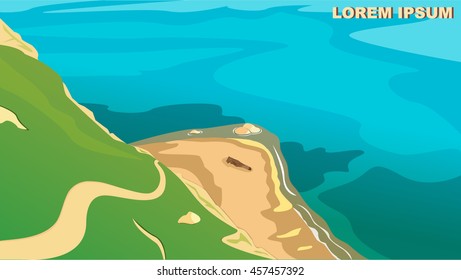 Summer landscape with mountains, beach by the sea. Vector illustration suitable for travel, tourism, recreation. Colorful background.