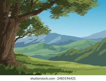 Summer landscape with mountains and a big tree in grassland