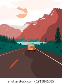 summer landscape of mountains and cars driving away into the distance