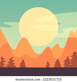 Summer landscape. Mountains, forest and sky. Vector clipart.