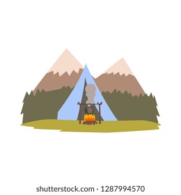 Summer landscape with mountains, forest and tent, camping, traveling, outdoor adventures vector Illustration