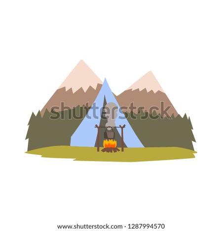 Summer landscape with mountains, forest and tent, camping, traveling, outdoor adventures vector Illustration