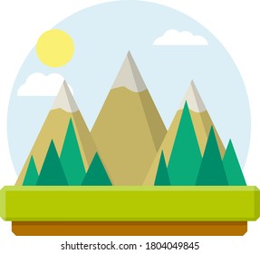 Summer landscape with mountains. Green fir and pine, blue sky and grass. Beautiful background and template. Nature, Park and forest.