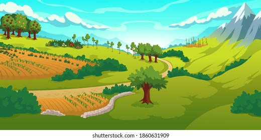 Summer landscape with mountains, green meadows, fields and garden. Vector cartoon illustration of countryside with hills, snow peaks, road and fruit trees. Rural scenery in mountain valley