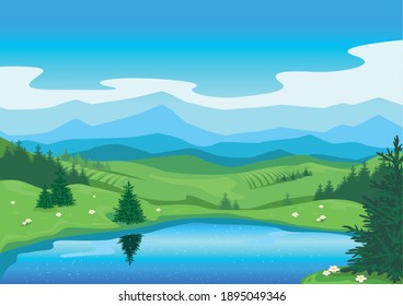 Summer landscape with mountains and lake. Travel and outdoor recreation. Background vector illustration of nature.