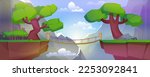 Summer landscape with mountains, plants, clouds and suspension bridge over precipice between cliffs. Cartoon vector illustration of rocks, green grass and trees, wooden footbridge over abyss at day.