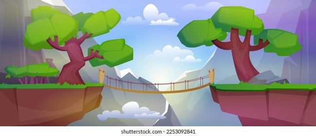 Summer landscape with mountains, plants, clouds and suspension bridge over precipice between cliffs. Cartoon vector illustration of rocks, green grass and trees, wooden footbridge over abyss at day.