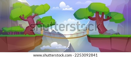 Summer landscape with mountains, plants, clouds and suspension bridge over precipice between cliffs. Cartoon vector illustration of rocks, green grass and trees, wooden footbridge over abyss at day.