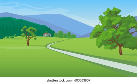 Summer landscape with mountains,  road and a small house vector illustration 