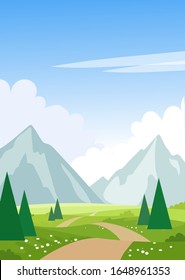 Summer landscape with mountains, trees, road, meadows. Print with spring landscape. Modern natural background. Flat cartoon illustration with place for text