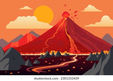 Summer landscape with mountains and volcanic eruption