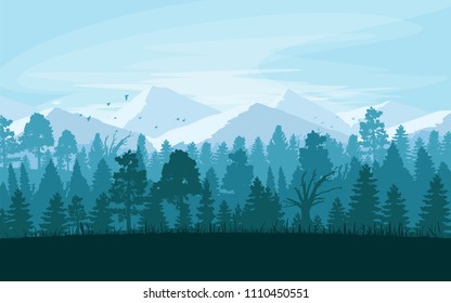 Summer Landscape With Moutain And Forest. Blue Sky. Vector Illustration. 