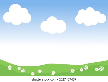 Summer landscape nature background  with clouds and small daisy flower on green grass vector. 