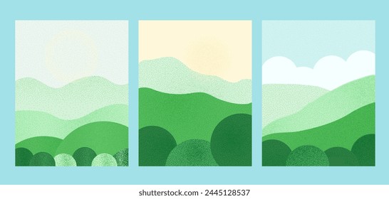 Summer landscape nature background s set. Abstract meadow banners vertical collection template with grass sky and cloud. Card with trees decoration. Vector textured flat illustration