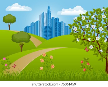 Summer landscape. Nature background.  Vector illustration.