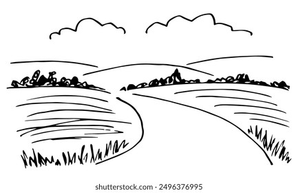 Summer landscape, nature. Clouds in the sky, trees and hills, farm fields, crops, road, grass and plants. Simple hand drawn vector illustration with black outline. Sketch in ink.