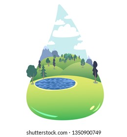  summer landscape -
Nature, landscape in the form of a drop. green island with lake, hills, and trees, with mountains and clouds.