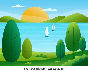 Summer landscape nature gradient background with with lake, boats, trees, hills and sky  - travel and nature concept