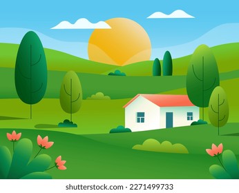 Summer landscape nature gradient background with with house, hills, trees and sky - travel and relax concept. Countryside.