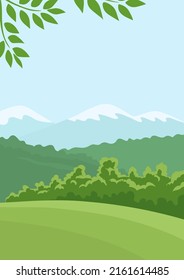 Summer landscape of nature. Green forests, hill, fields, mountains and blue sky. Rural scener. Flat vector illustration