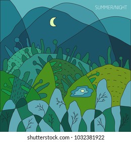 Summer landscape of nature, a night in a green forest. A moon in the dark sky, green trees in the hills and a lake. Illustration