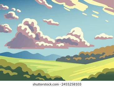 Paisaje de verano de la naturaleza. Panorama con bosques verdes, colina, campos y cielo nocturno con nubes. Escenario rural. Ilustración vectorial de dibujos animados para el fondo