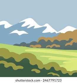 Summer landscape of nature. Panorama with green forests, hill, fields and blue sky. Rural scener. Cartoon vector illustration for background