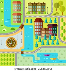 Summer landscape nature, river, environmentally friendly cities.  Flat style vector