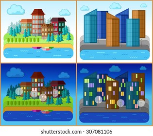 Summer landscape nature, river, environmentally friendly cities. Flat style vector.