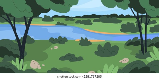 Paisaje veraniego, naturaleza con árboles, hierba verde, agua del río. Tranquilo paisaje de campo. Tranquila y serena paisaje rural rural de verano de paisaje salvaje. Ilustración vectorial plana