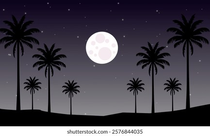 Summer landscape at night. Moon view and Palm Tree silhouette