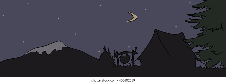 summer landscape. night in the mountains. Weekend in the tent. Hiking and camping. Vector flat illustration