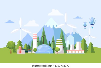 Summer landscape with nuclear factories and wind turbines. Lean and polluting electricity generation production. Renewable energy, save the planet from pollution vector flat illustration.