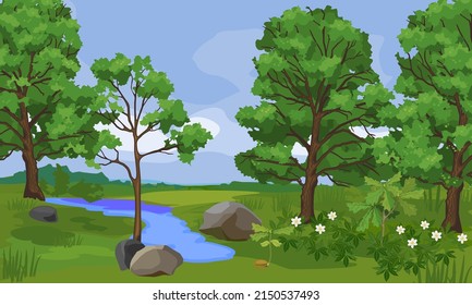 Summer landscape with oak forest and blue pond