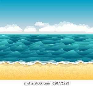Summer landscape with ocean, clouds and sand beach. Seascape, Ocean view. Vector background.